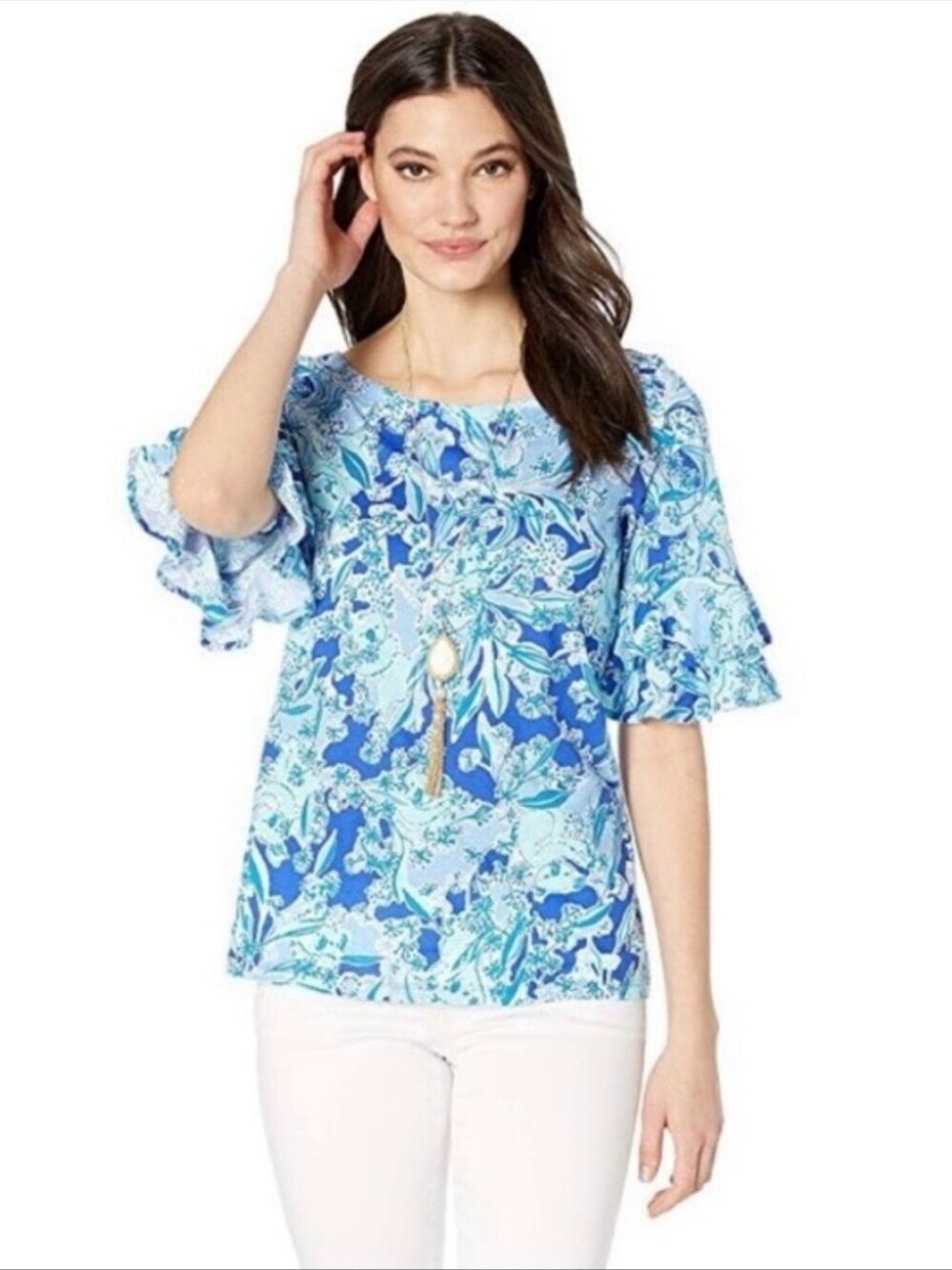 Lilly Pulitzer Blue Floral Ruffle-Sleeve Top Med
